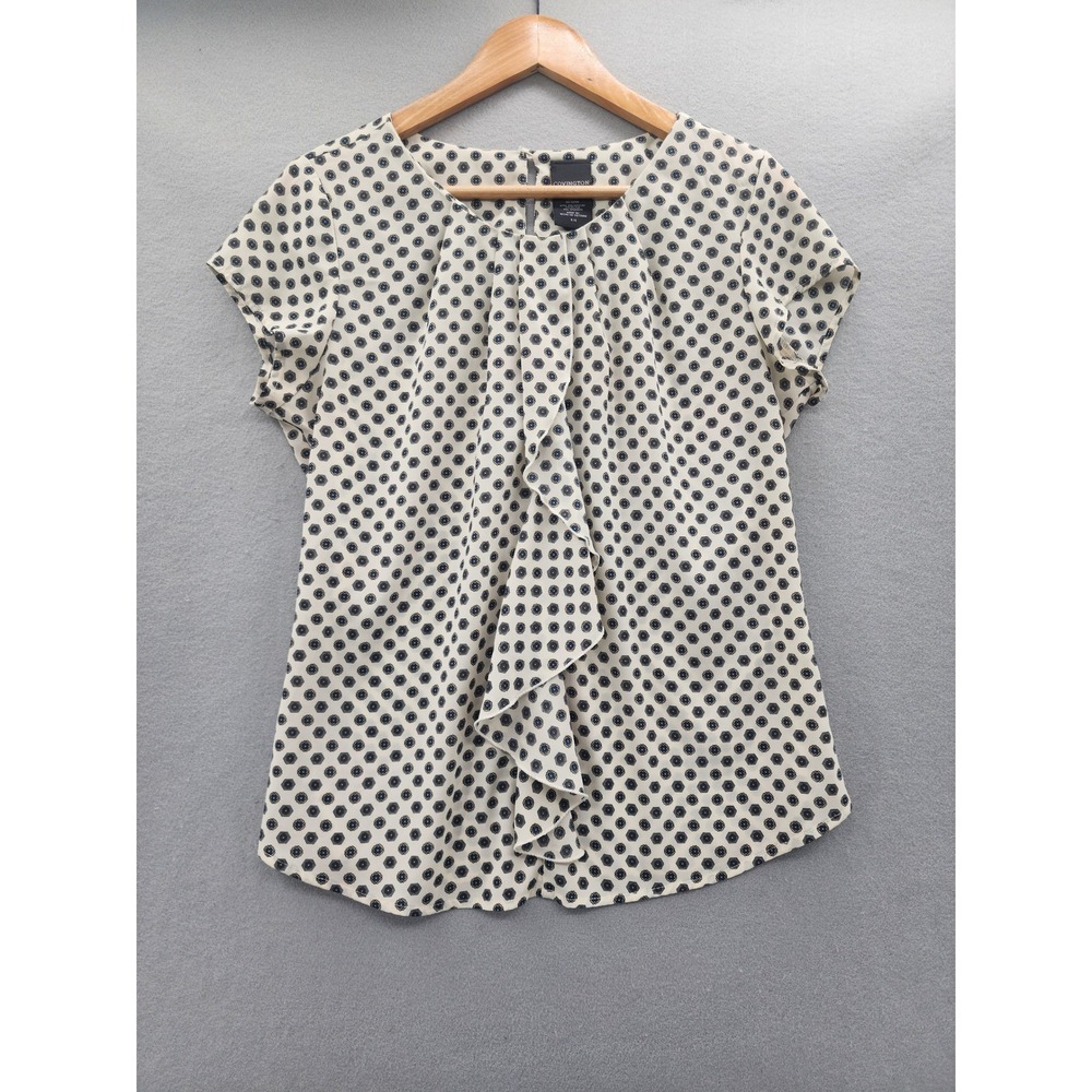 Covington Womens Small Blouse Ruffle Front Geometric‎ Medallion Short Sleeve Top